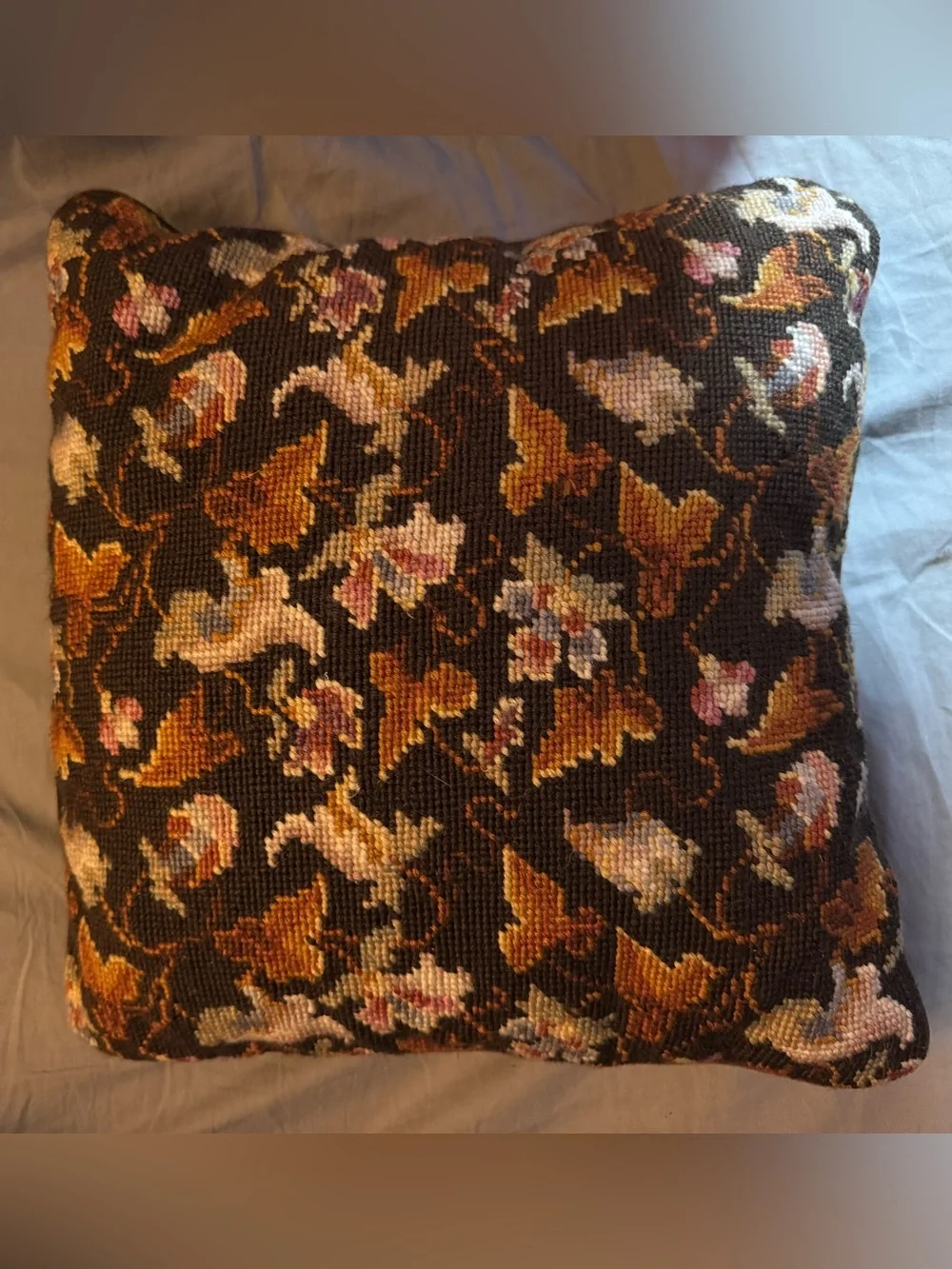 Handcrafted Brown Floral Needlepoint Throw Pillow